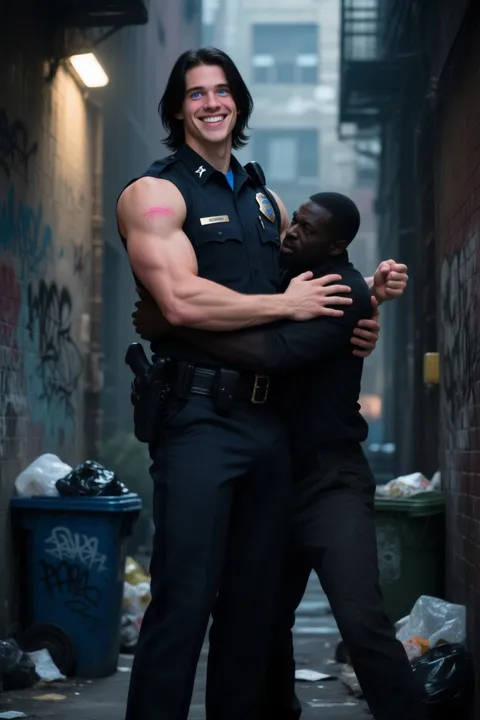 playful-tall-officer-capturing-fugitive
